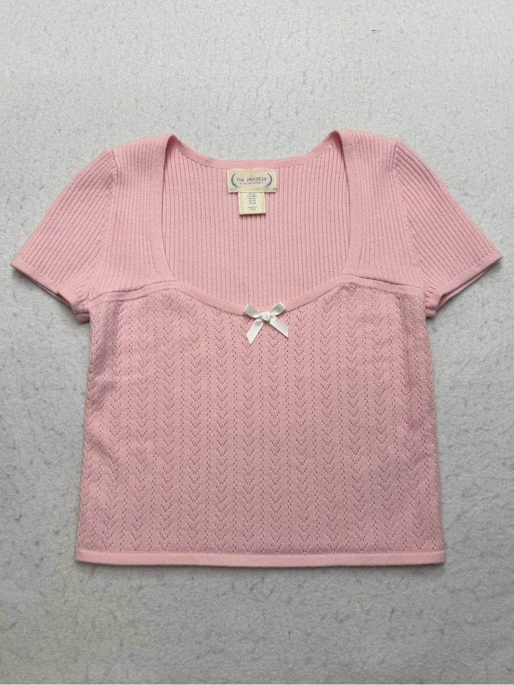 Y2K Pink Short Sleeve Knit Scoop Crop Top with Bow